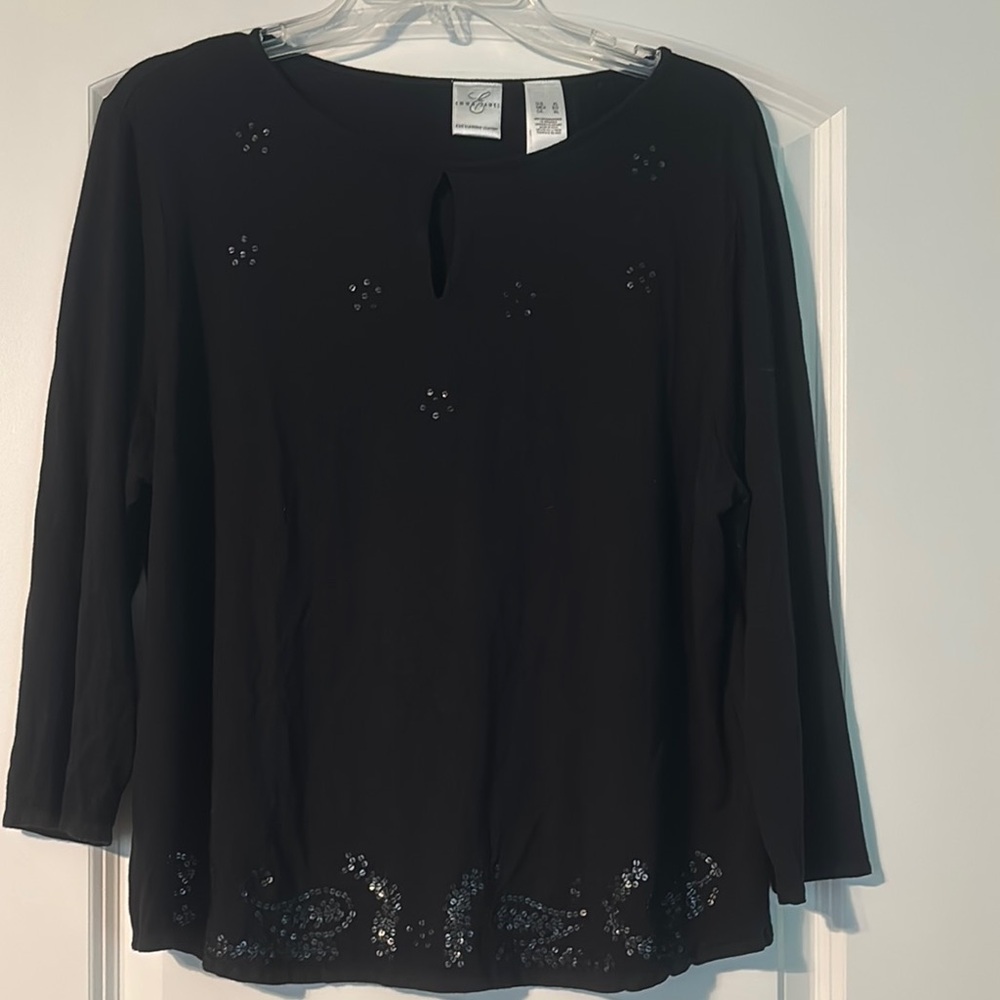 Emma James Black Holiday Blouse with 3/4 Sleeves with sequins